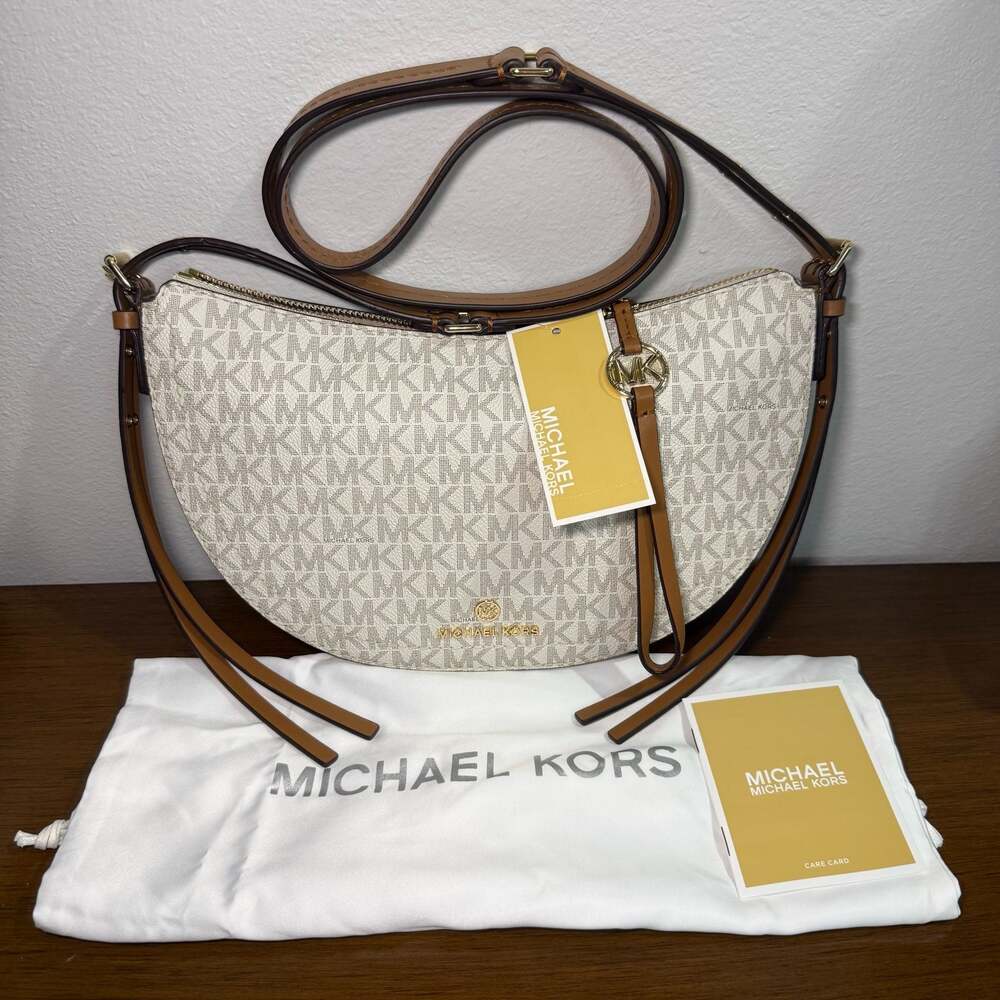 Michael Kors Dover Small Half Moon Crossbody Bag in Signature Logo Vanilla/Acorn